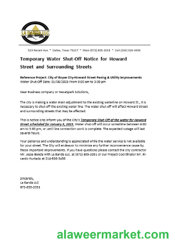 USA Texas La Banda business utility bill water shut off notice, Word and PDF template